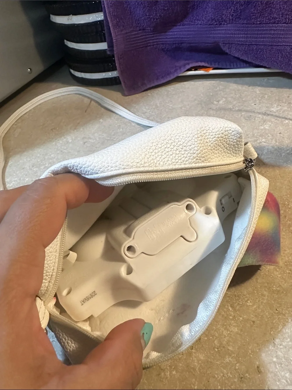 White Puppy Face Crossbody Bag with Rainbow Ears. Inside show the picture. Stain